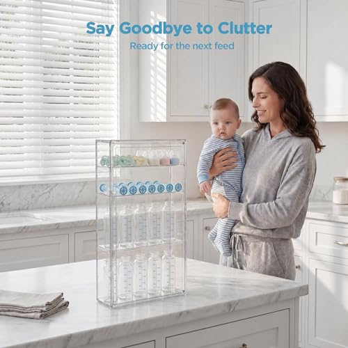 Image of HBlife Baby Bottle Storage Organizer Wall Mount, 4 Tiers Adjustable Clear Acrylic Bottles Storage Station Case Box Container with 3 Removable Dividers and Magnetic Door for Countertop Cabinet, Large