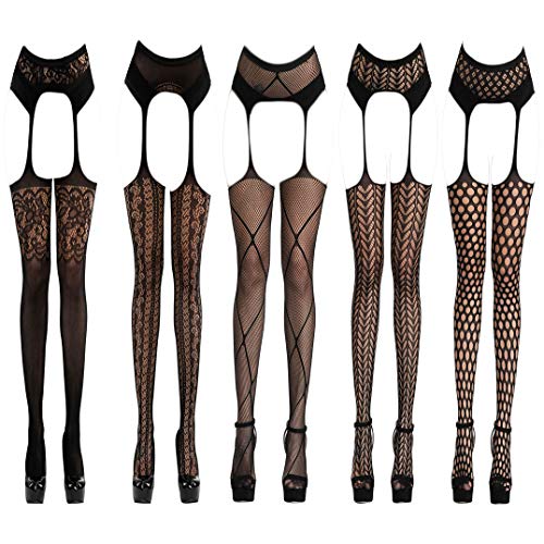 KHUFUZI Damen 5 Styles Pack Strümpfe Strapsen Enge High Waist Fishnet Dessous Geschenk für Freundin