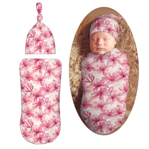 Image of Muishi Azalea Flowers Newborn Swaddle Blankets Hat Sets Soft Baby Receiving Blanket Swaddle Sack for Baby Shower Infant Boy Girl Gift
