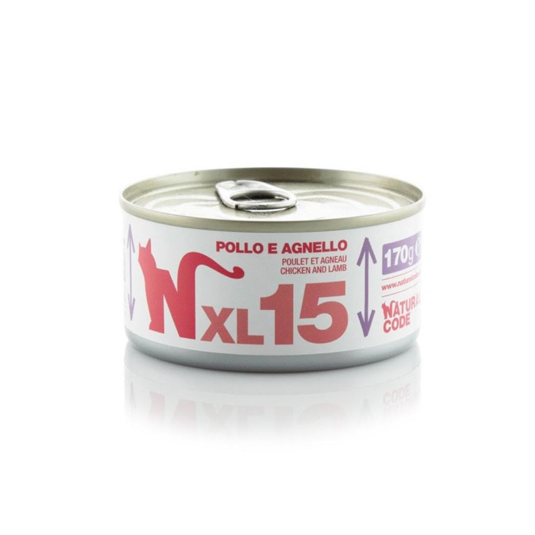 Natural Code - Comida húmeda para gatos adultos con sabor a pollo y cordero, número XL15, alimento completo en SFILACCETTI para gatos adultos de todas las tallas, altamente digerible | 12 latas de 170