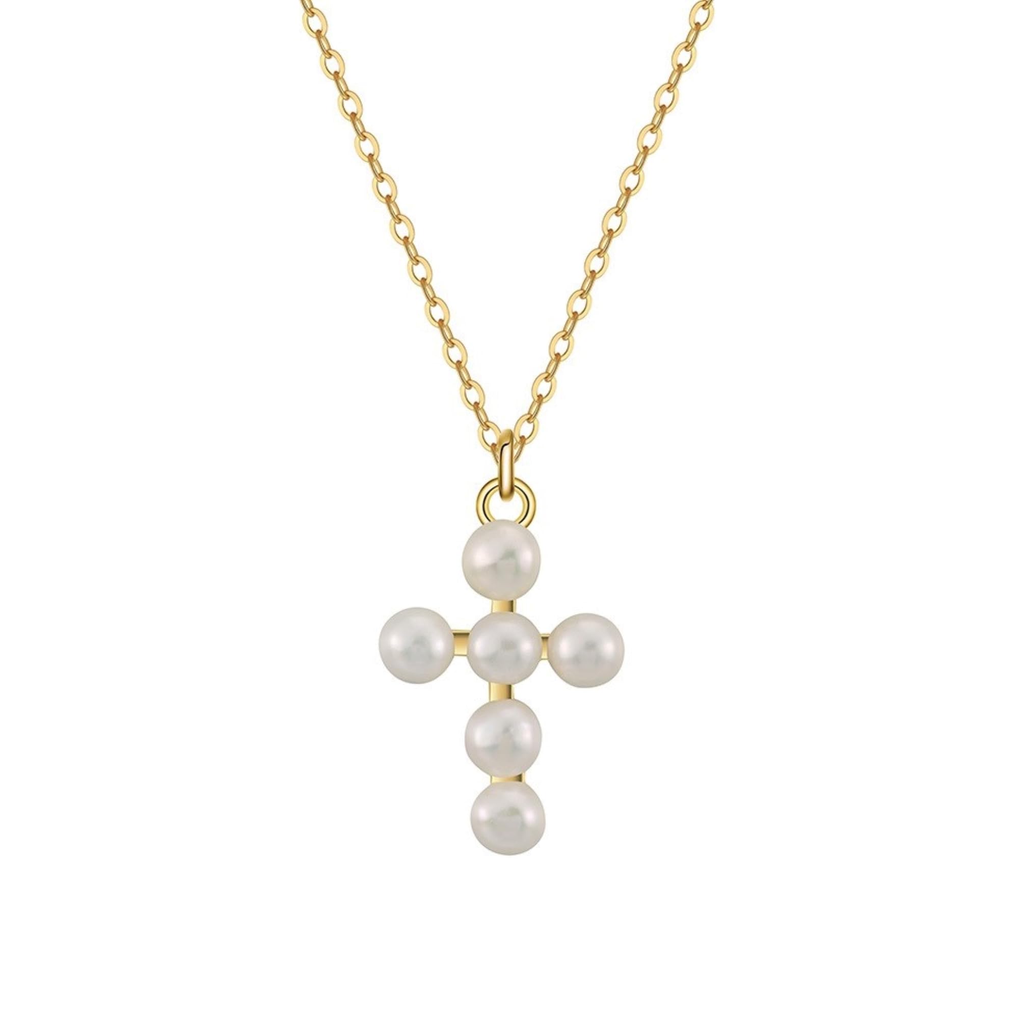 Pendientes/Collar con perlas de agua dulce para mujer cruz de diseño plata de ley 925