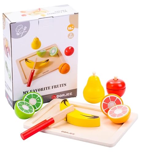 Dorjee - D3.010 - Mes Fruits en Bois à découper - avec Plateau et Couteau en Bois - Jouet en Bois à partir de 18 Mois