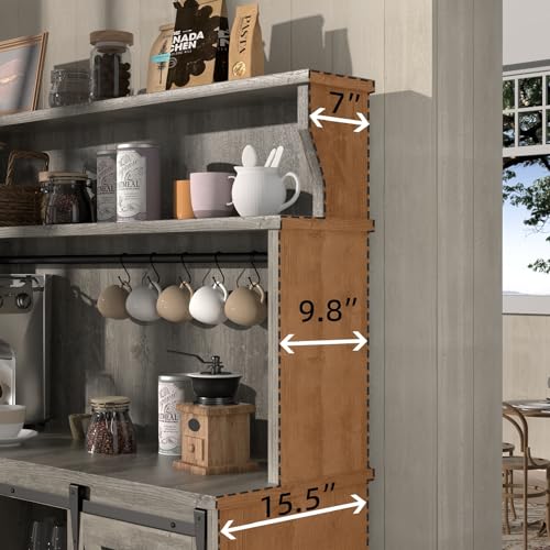 Farmhouse-Coffee-Bar-Cabinet-with-3-Tier-Storage-Hutch-47-Coffee-Bar-Station-with-Sliding-Barn-Door-Hutch-Storage-Cabinet-with-9-Wine-Racks-9-Hooks-for-Kitchen-Dining-Living-Room Farmhouse Coffee Bar Cabinet with 3 Tier Storage Hutch 47 Coffee Bar Station with Sliding Barn Door Hutch Storage Cabinet with 9 Wine Racks 9 Hooks for Kitchen Dining Living Room
