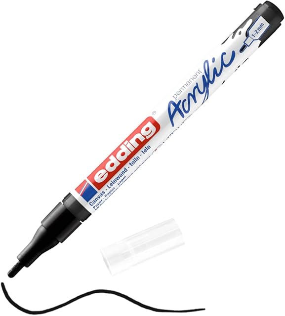 edding 5300 acrylic marker fine - black - 1 waterproof acrylic paint marker - fine round nib 1-2mm - acrylic paint pen for drawing on canvas, art paper and wood - acrylic markers for pebbles