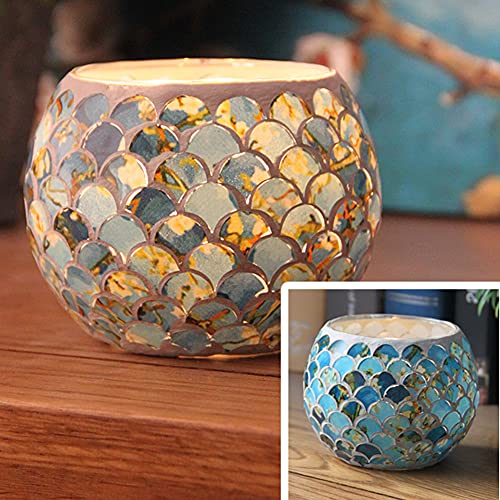 Blue Fish Scales Mosaic Glass Tea Light Candle Holder Romantic Handmade Gifts Votive Candleholder Christmas Candlestick Holders Table Centerpieces Home Decor Wedding Party Table Decorations #TOP3