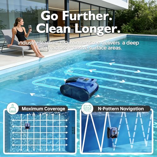 [2026 Release] Automatic Robotic Pool Vacuum for Inground & Above Ground Pools, Wall Climbing Pool Vacuum Cleaner, Cleans Floor, Walls, Waterline, Drain & Skimmer up to 2150 Sq. Ft., 190 Min - Thumbnail 2