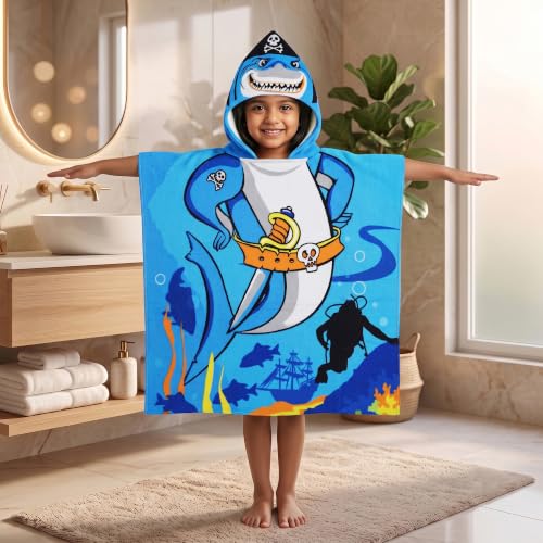 Image of Kids Poncho Towel 120x60 CM, Shark Pirate, Aqua Blue