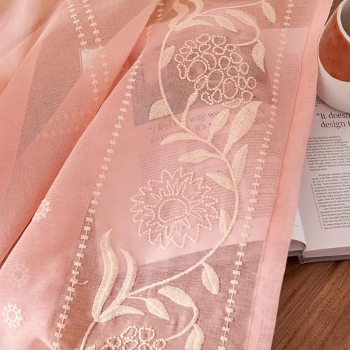 Image of jinchan Winslow Sheer Curtains 96 Inch for Bedroom Living Room Embroidered Bordered Floral Nursery Curtains for Girls Room Light Filtering Window Treatments, Beige on Pink, 2 Panels, 50 inch x 96 inch