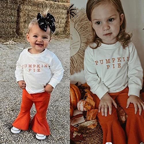 BULINGNA Toddler Baby Girl Pumpkin Pie Letters Print Long Sleeve Sweatshirt Knitted Flared Pants Halloween Outfits2