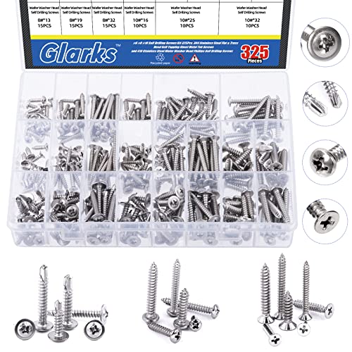 Glarks 325Pcs #6#8#10 Self Drilling Screws Kit, 304 Stainless Steel Flat & Truss Head Self Tapping Sheet Metal Tek Screws And 410 Stainless Steel Wafer Washer Head Phillips Self Drilling Screws #TOP10