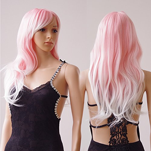 28'' / 70cm Synthetic Wig Pink Ombre 2 Tone Color Japanese Kanekalon Fiber Heat Resistant Full Wig with Bangs Long Curly Wavy Costume Wigs Dip-dye +Stretchable Elastic Wig Net (Pink Mix White)