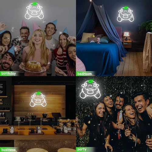 Image of Cute Hippo Neon Sign, Pygmy Hippo Neon Light Signs for Wall Decor, Dimmable Creative Hippopotamus Night Light with Green Leaf Led Signs for Kids Adults Fans Presents Living Room Bedroom Birthday Party