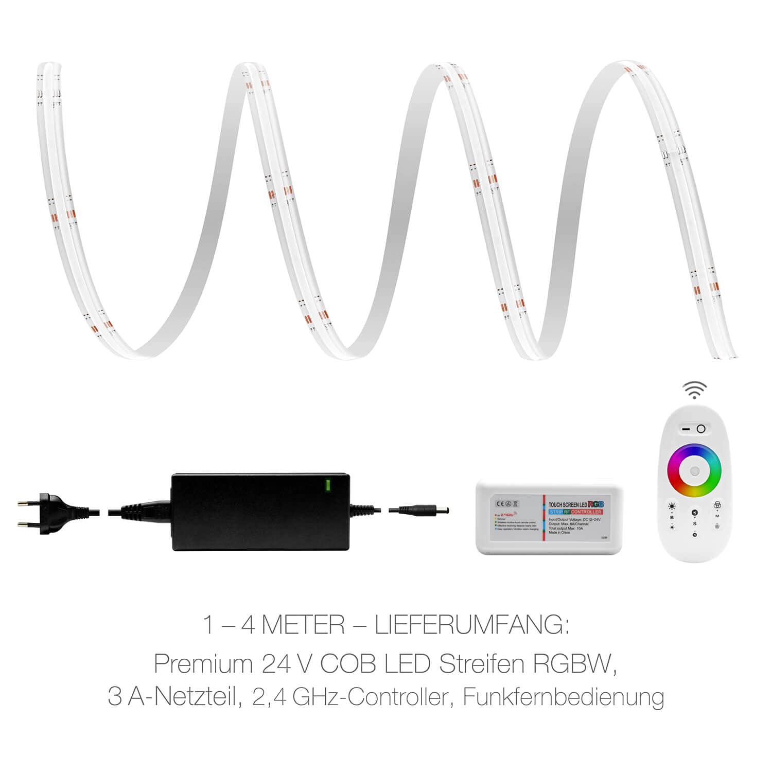 LED Universum Juego de tiras LED COB RGB-W con mando a distancia blanco, controlador y fuente de alimentación, filamento premium, 24 V, tiras LED IP65 RGB-WW, multicolor (4 metros)