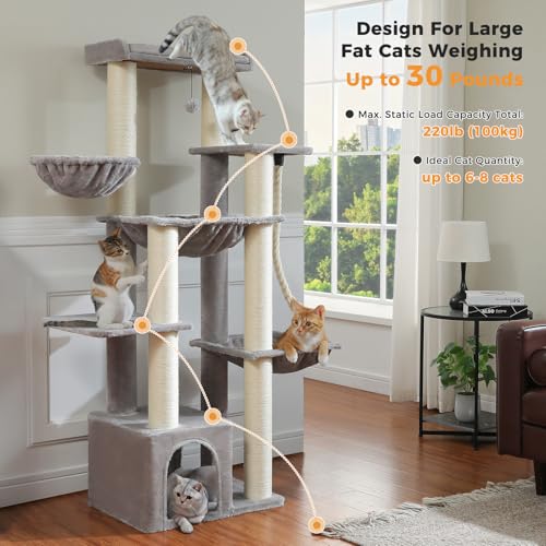 Image of MUTTROS Large Cat Tree for Maine Coon - 67 inch Tall Cat Tower with 7 Thick (φ4.3) Scratching Posts, XXL Cat Condo with Super Large Perch & Cozy Hammocks, Engineered for Big Cats (20+ lbs) - Gray