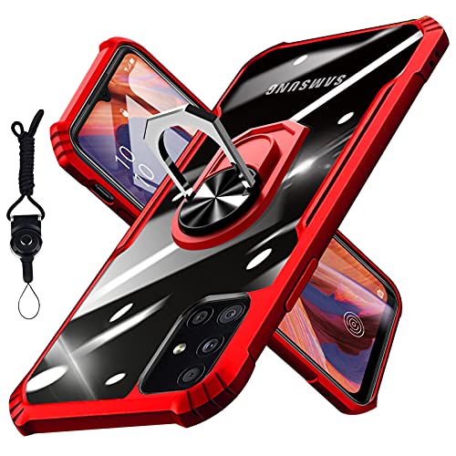 Galaxy A51 ケース リング付き 耐衝撃 TPU クリア 米軍MIL規格 ストラップホール付き 車載ホルダー対応 全面保護 Galaxy A51 ケース 衝撃吸収 薄型 軽量 スタンド機能 カメラ保護 携帯カバー 人気 レッド RP61-DF-A51-HON