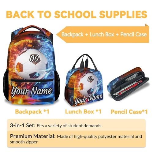 Personalized Soccer Backpack with Lunch Box - Set of 3 School Backpacks Matching Combo - Durable Colorful Bookbag and Pencil Case Bundle3