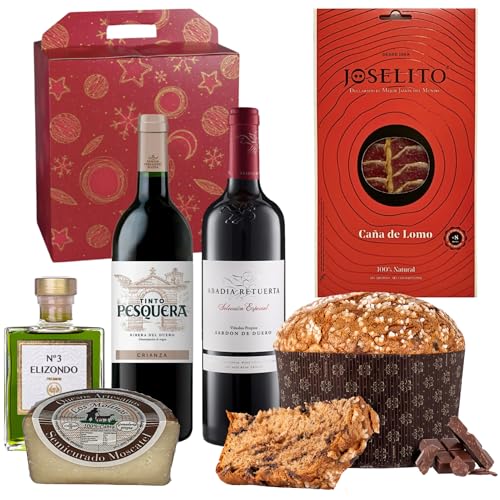 ENOVINOS Gourmet-mand, kerstcadeau, bedrijven, familie en vrienden, doos met rode wijn, visserij, op Joselito-palet, Elizono-olie, 200 ml, kaasmolens en panettone Antonella chocolade