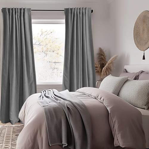INOVADAY 100% Blackout Curtains 102 Inches Length 2 Panels Set, Back Tab/Rod Pocket Linen Black Out Curtains for Bedroom, Thermal Insulated Window Drapes - Dark Grey, W50 X L102