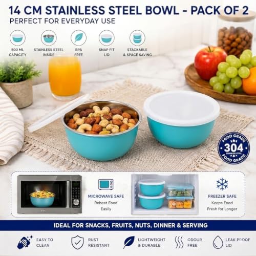 Image of Zaib Stainless Steel Microwave Safe Serving Bowl 500 ml, 14 cm
