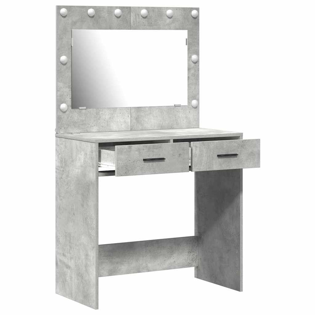 Tocador de hormigón gris de madera 78,5 x 41 x 135 cm con espejo plano LED y cajones para dormitorio, salón de belleza y peluquería