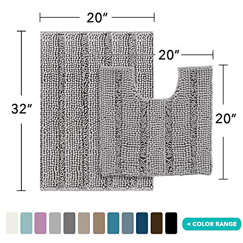 Image of Turquoize Chenille Bathroom Rugs Non Slip - Soft Plush Shaggy Bath Mats for Bathroom Floor Super Absorbent Washable Bath Mat Set, 32 inch x 20 inch Bath Rug + 20 inch x 20 inch Contour Shag Rug Set, Dove