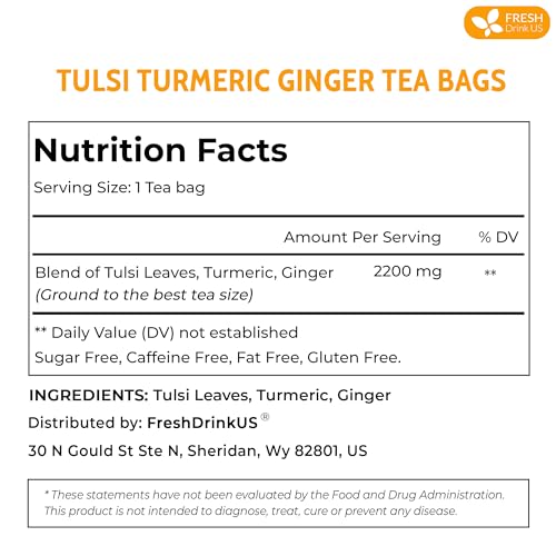Image of FreshDrinkUS, Premium 75 Tulsi Turmeric Ginger Tea Bags, 100% Natural & Pure from Tulsi Holy Basil Leaves, Turmeric and Ginger. Made with Natural Material Tea Bags. No Sugar, No Caffeine, Vegan.