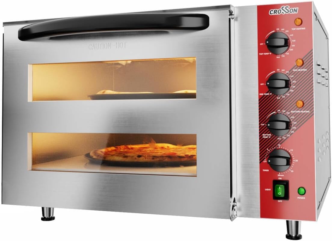 CROSSON Commercial Double Deck 18 Inch Countertop Electric Pizza Oven with 15mm Thick Pizza Stone, Indoor Pizza Bakery Oven for Commercial Use Only,240V/4500W