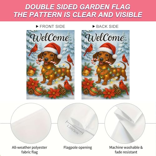 Image of BlissYard Christmas Garden Flag 12x18 Inch Welcome Dachshund Dog Outdoor Flag Double Sided Holiday Yard Banner with Santa Hat Lights Candy Cane and Red Bird for Porch Lawn Patio