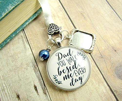 Bridal Bouquet Charm Dad You Walk Beside Me White Blue Wedding Pendant Father Memorial Photo Silver Finish Jewelry