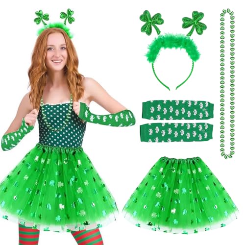 EDLMKM 4 Pcs St Patricks Day Costume Accessories Set for Women St Patricks DayShamrock Clover Costumee Saint Patricks Day Fancy Dress Outfit for Party Parade Leprechaun Costume for Women