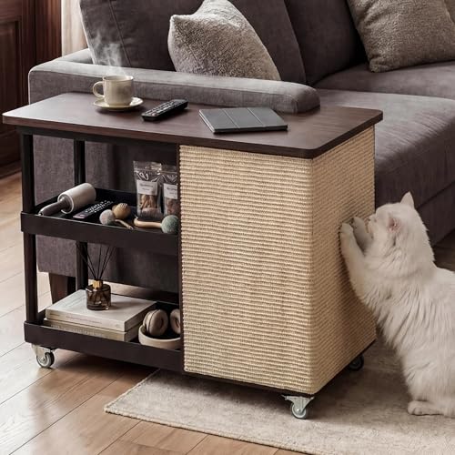 Cat Scratch Furniture Protector Couch Protector from Cat Claws Side Table with Storage Cabinet & Wheels 12.6Wooden Sofa Narrow End Table with Cat Scratch Panel for Living Room(Walnut Right)