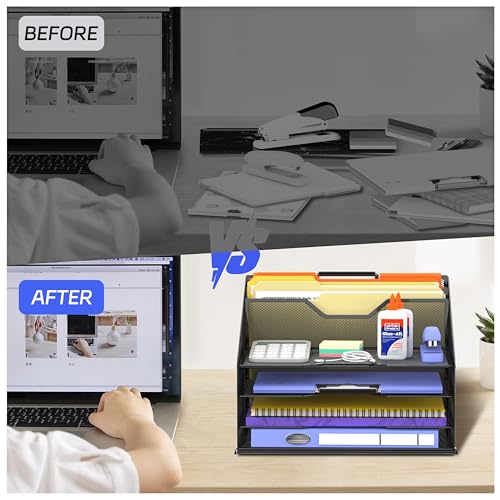 4-Tier Desk Organizer with File Holder, Desktop Letter Tray Holder with 3 Paper Trays and 2 Vertical Section for Folder, Black image 2