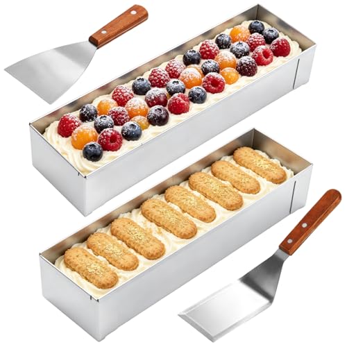 Ghligna 2 Pc Nonstick Rectangle Tiramisu Pan with Acrylic Lid and 2 Metal Spatula Tiramisu Mold Removable Frame 304 Stainless Steel Cake Baking Molds for Tiramisus Mousse Cake(15.7x3.9x2.4inch)