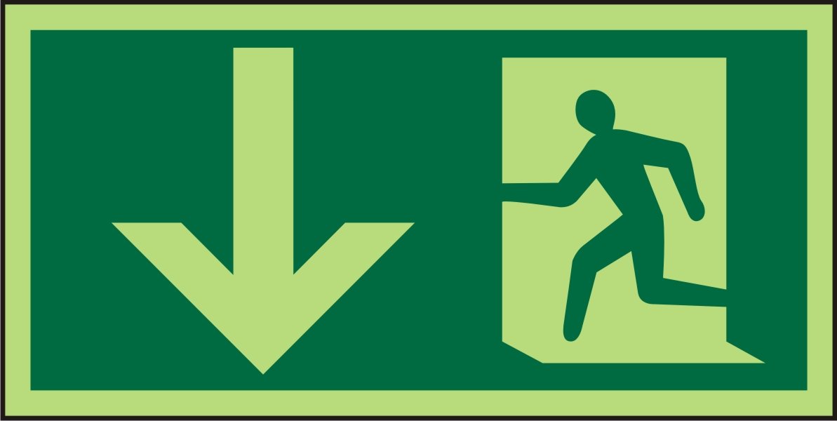 Seco Fire Exit - Arrow Pointing Down & Man Running Left Pictogram Sign, 300mm x 150mm - Photoluminescent 1mm Semi Rigid Plastic
