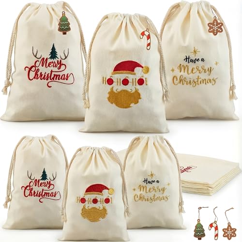 Xuniea Conjunto de 6 sacos de presente natalício bordados sacos de lona com cordão sacos de tecido reutilizáveis para enrolar 6 etiquetas pendentes de árvore de Natal bola e estrela para festa doces