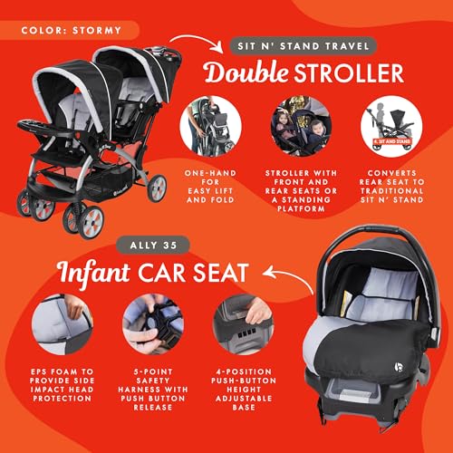 baby trend infant and toddler double stroller amp car seat combo 2 pc set stormy - portable and lightweight stroller duo and car seat travel system tandem