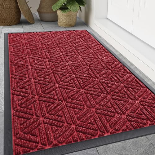 Smiry Front Door Mat Outside Entrance, Heavy Duty Natural Rubber Doormat, Trap Dirt and Moisture Easy Clean Low Profile Patio Porch Welcome Floor Mats for Entry, 47x32 Inch, Wine Red