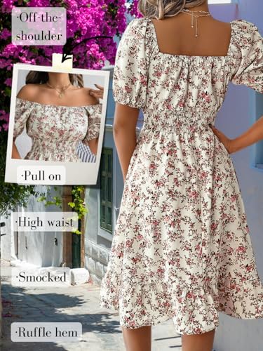 Off-The-Shoulder Dress, Floral Puff Sleeve, Knee-Length A-Line, Bohemian Flower Square-Neck Boho3