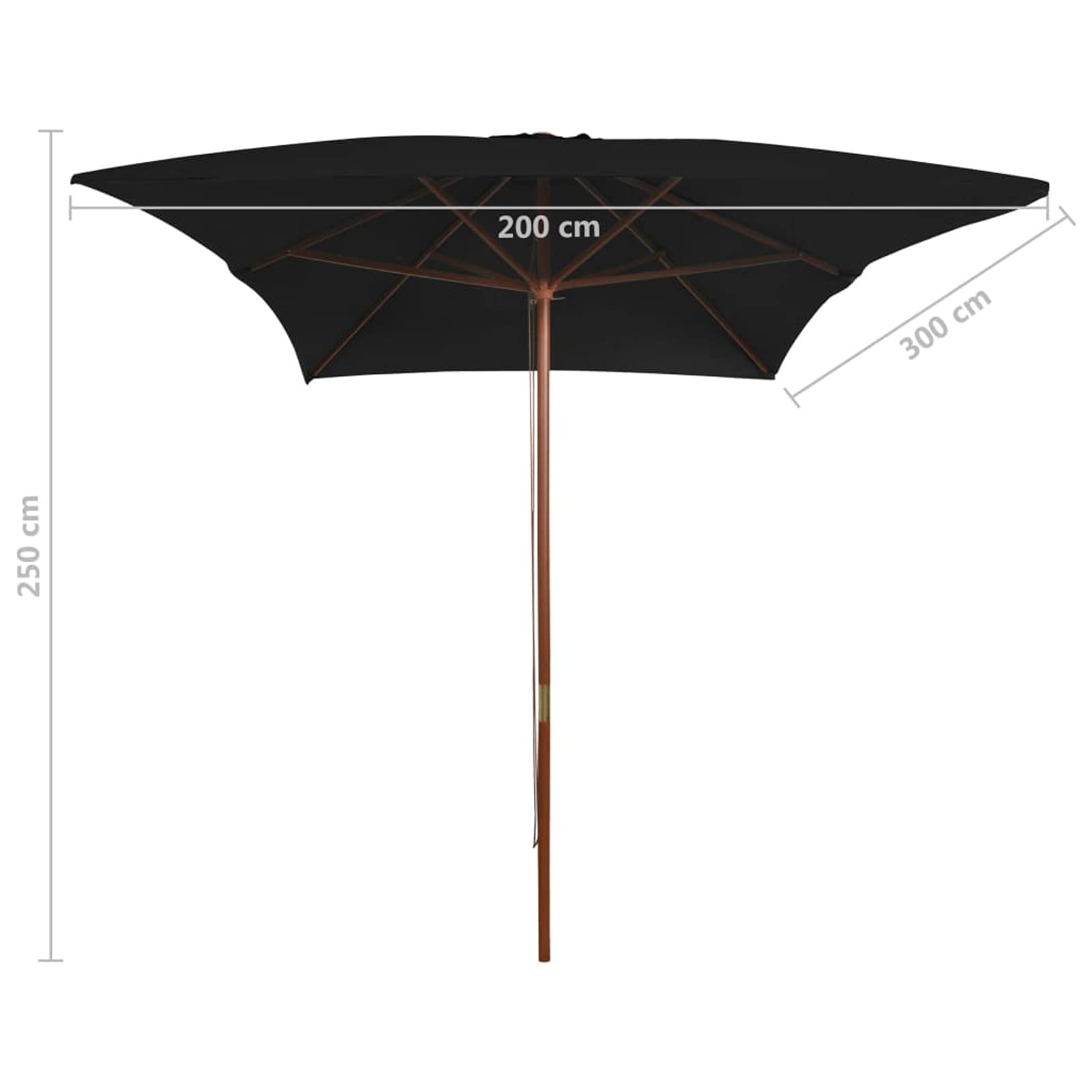 Homgoday Sombrilla con palo de madera, sombrilla de jardín, playa, terraza, mercado, protección UV, para jardín, playa, terraza, color negro, 200 x 300 cm, Negro , Grande