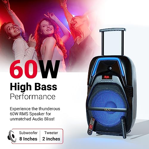 Image of AKAI PartyMate 60W Portable Bluetooth Trolley Party Speaker with Remote - 1 Year Warranty, Inbuilt 4000mAh Battery Karaoke System Outdoor Speaker, Wireless Mic, AUX, USB, 8 inch Driver (PM-60T)