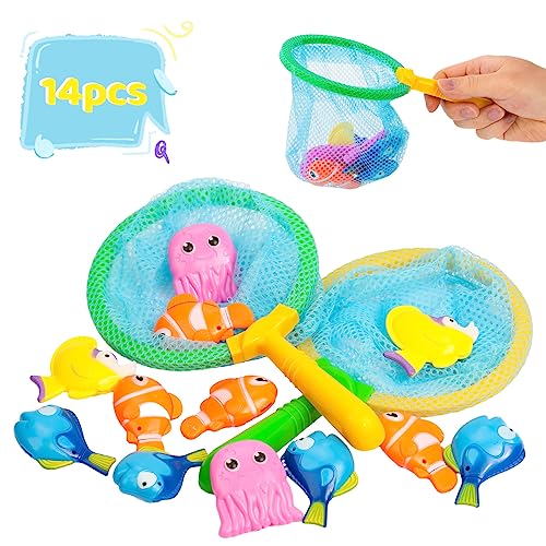 Juguetes Para Baño, Toy XIAOYANGKEJI 14 Piezas Juguetes de Baño para Niños, Juguete de Pesca Incluye 2 Redes de Pesca, Juguetes de Agua para Bañera para Niños para Shower, Playa,...