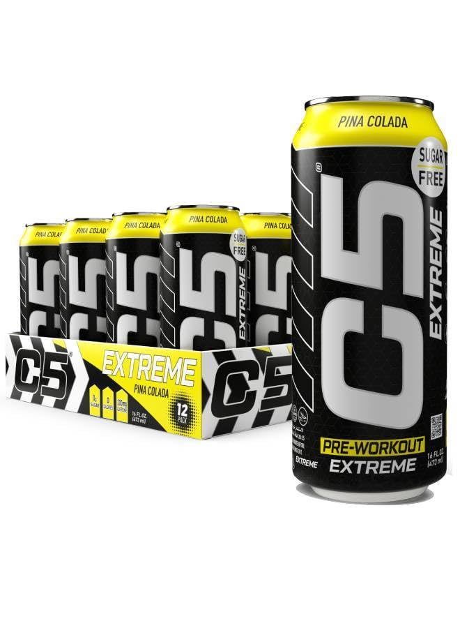 C5 Drink Extreme Pina Colada Pre Workout - Sugar Free, Zero Calories, 200mg High Caffeine, Creatine - Beta Alanine - Citrulline Malate High-Performance Pre-Workout Booster Supplement Pack of 12