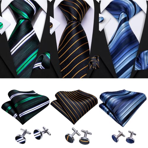 Image of Barry.Wang 6 PCS Men Ties Set Silk Business Fashion Woven Necktie Handkerchief Cufflinks Paisley Stripe Wedding Party