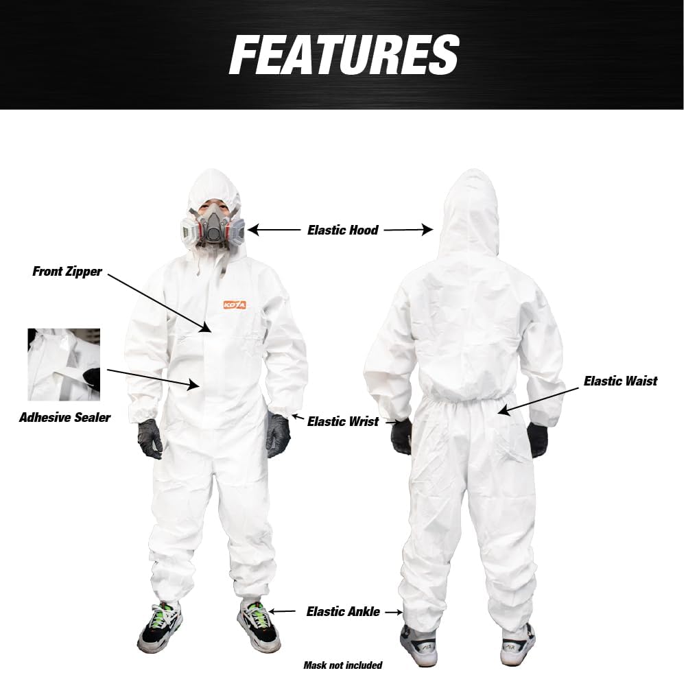 LAUCO KOTA Disposable Protective Coverall Suit with Hood, with Hood, Elastic Waist and Wrist for Spray Painting (10, X-Large)