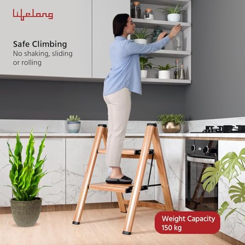 Image of Lifelong 2 Steps Ladder for Home, Wooden Finish Coating, Foldable & Portable Stairs, Versatile Use for Kitchen, Bathroom & Office Foot Stool -Multipurpose Two Step Stool with 150 Kg Capacity (LLSLW02)