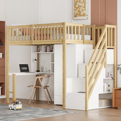 xixiworkshop Hochbett 90x200cm mit Schreibtisch/Kleiderschrank/Stauraum Treppen, Bett für Mädchen Jungen Kinderbett Rausfallschutz ohne Matratze...