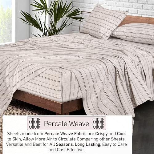 Image of RUVANTI 100% Cotton Percale Sheets Split King Size, Brown Stripes | Crisp Cooling, Deep Pocket 16 inch, Soft Breathable & Durable, Hotel-Style, 5 Piece Set