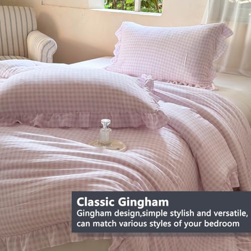 Image of NSNLGSGC Pink Ruffle Gingham Comforter Set King, Pre-Washed Ruffled Plaid Checked Comforter Bedding, 3 Pieces Vintage Farmhouse Grid Bedding Set(Pink Gingham, King)