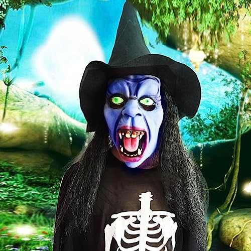 Halloween Old Woman Witch Mask With Hair and Hat, Full Head Wizard Horror Latex Mask With Hoodie - Image 4