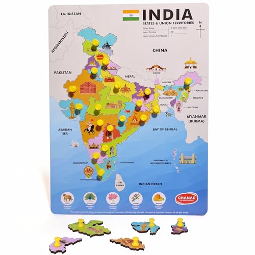 Image of Chanak Wooden India Map Puzzle with Picture & States Name Educational Board for Kids, 18 Piece States Map Montessori Learning Puzzle for Toddlers & Preschoolers, Nursery & Kindergarten 2+ Years